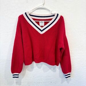 Hollister Waffle Knit Sweater Womens Small Cropped Red V-Neck Preppy Academia